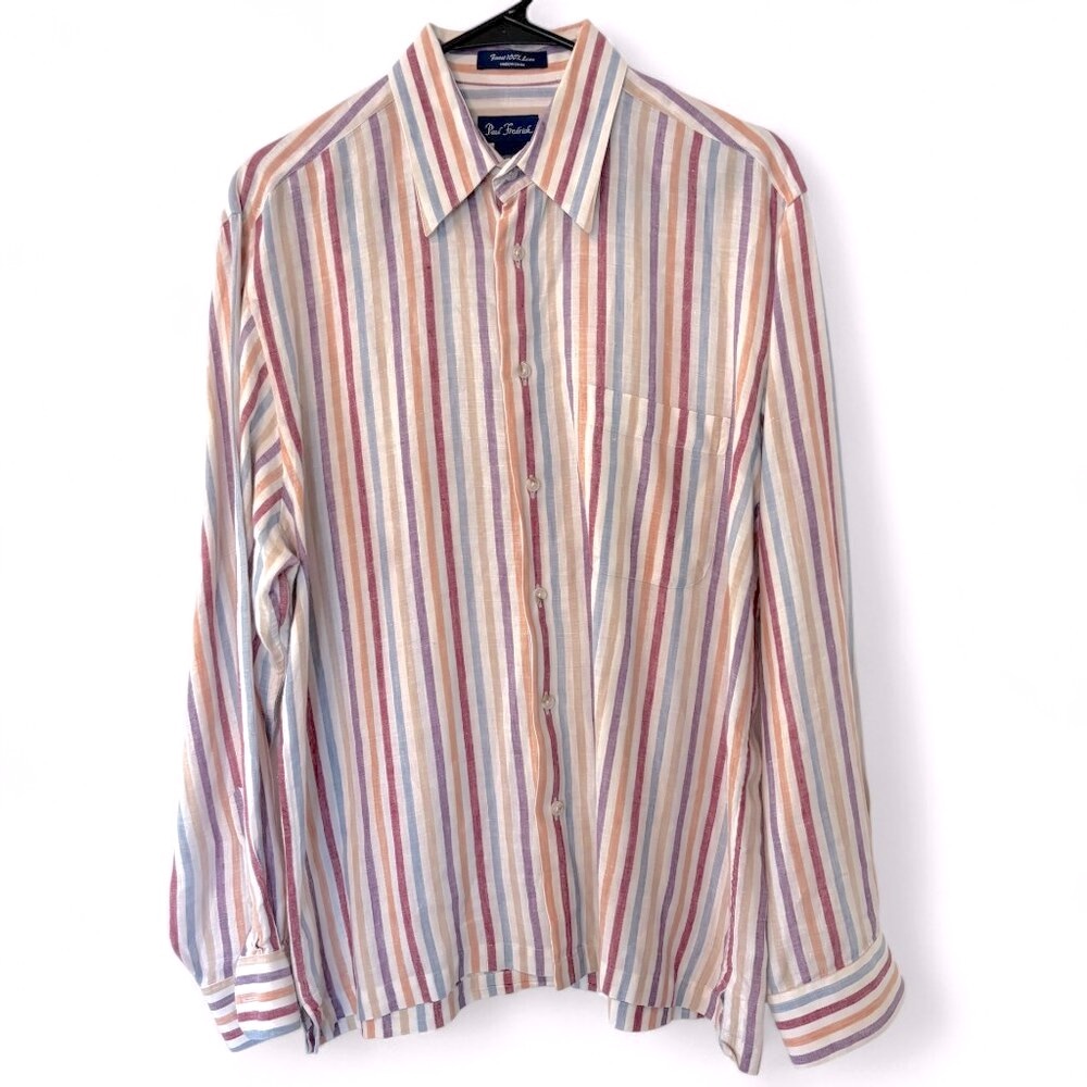 NWOT Paul Frederick Men’s Sz M 100% Linen Multi Striped Button-Down Shirt